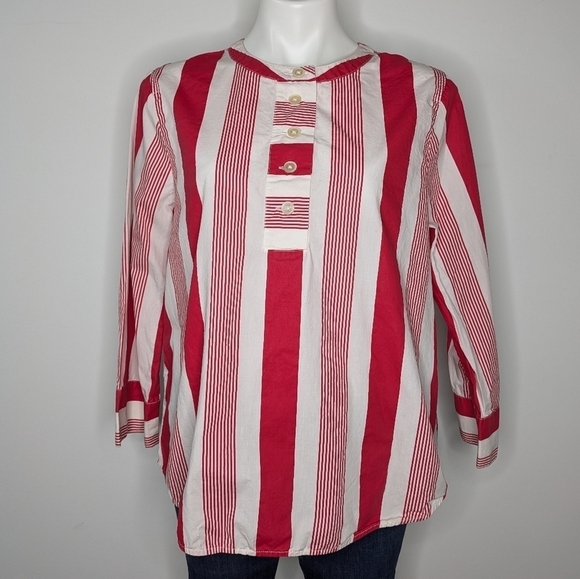 J Crew red white striped cotton 1/3 button up shirt M - Picture 1 of 8